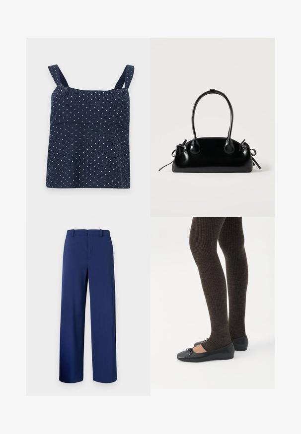 Top sin mangas azul marino con lunares blancos, que presenta un corsé estructurado y tirantes anchos. Fabricado en una tela suave y ligera.; Pantalones ajustados de color azul marino, confeccionados en una tela suave, con un diseño de pierna recta, trabillas para cinturón y un cierre frontal con cremallera y gancho.; Piernas con leggings oscuros acanalados combinados con bailarinas negras que presentan pequeños detalles de lazo sobre un fondo blanco.; Pequeño bolso negro brillante con dos asas largas y detalles de cordón lateral sobre un fondo claro liso.