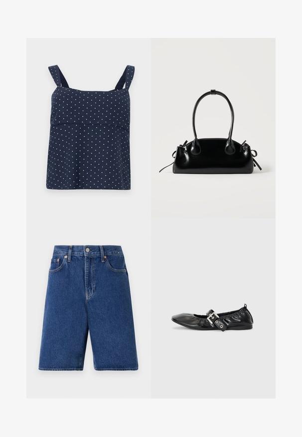 Navy blauwe mouwloze top met witte stippen, met een gestructureerde buste en brede banden. Gemaakt van zachte, lichte stof.; Donkerblauwe denim shorts met een klassieke pasvorm, vijf-pocket ontwerp en oranje stiksel. Afgewerkt met een knoop en rits aan de voorkant.; Zwarte leren platte schoen met een spitse neus, geplooide details rond de opening en een zilveren gespaccentueerde verstelbare band.; Kleine zwarte glanzende handtas met twee lange hengsels en zijkant trekkoord details op een effen lichte achtergrond.