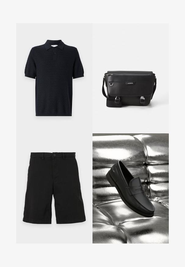 Sort polo t-shirt med et struktureret zigzagmønster, korte ærmer og en krave med to knapper. Lavet af et åndbart stof.; Sorte shorts lavet af bomuld med flad frontdesign, der har knaplukning og sidelommer, uden synlige mønstre eller dekorationer.; Svarte læderloafers med en glat tekstur, der har syningsdetaljer og et klassisk design, vist mod en metallisk, skinnende baggrund.; Sort tekstureret Lacoste messengertaske med justerbar rem, frontklap, lynlås lomme og metalspænder.