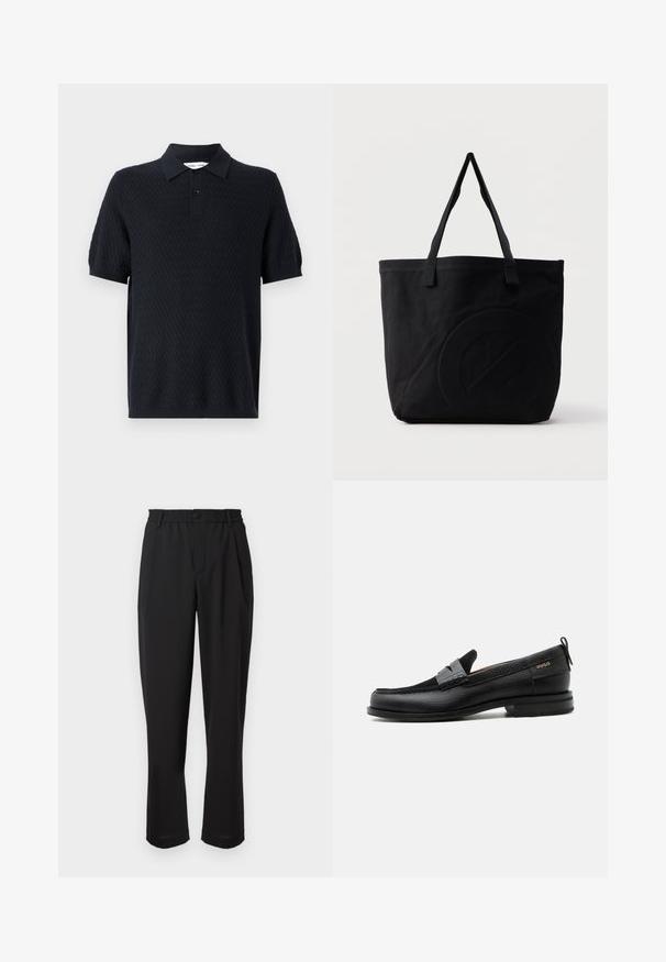Schwarzes Polohemd mit einem strukturierten Zickzackmuster, kurzen Ärmeln und einem Kragen mit zwei Knöpfen. Hergestellt aus einem atmungsaktiven Stoff.; Schwarze Hose mit einem elastischen Bund, Knopfverschluss und geradem Beinansatz. Glattes Material, keine sichtbaren Muster oder Akzente.; Schwarzer Lederloafer mit grauem Riemendetail, niedrigem Absatz und strukturierter Sohle, seitlich mit „HUGO“ in Gold gebrandmarkt.; Schwarze Canvas-Shopper-Tasche mit zwei Schulterriemen und einem dezenten, eingeprägten kreisförmigen Design auf der Vorderseite.