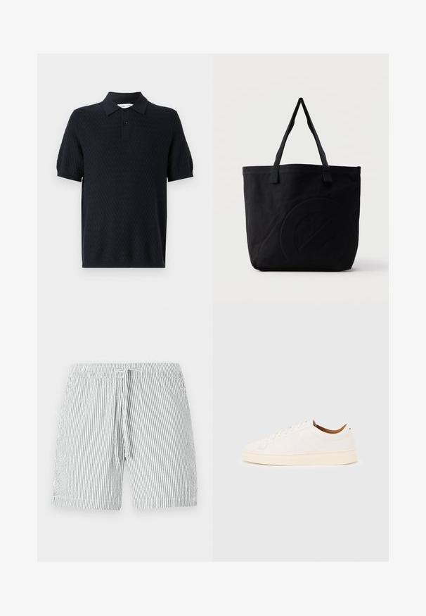 Polo noir avec un motif zigzag texturé, à manches courtes, et un col avec deux boutons. Fabriqué en tissu respirant.; Shorts de bain rayés en gris et blanc, avec une taille élastique à cordon de serrage, conception mi-longue et matériau doux et léger.; Baskets blanches basses avec un design à lacets, des détails de couture minimalistes, et une semelle couleur crème sur un fond gris clair.; Sac fourre-tout en toile noire avec deux bandoulières et un motif circulaire discret en relief sur le devant.