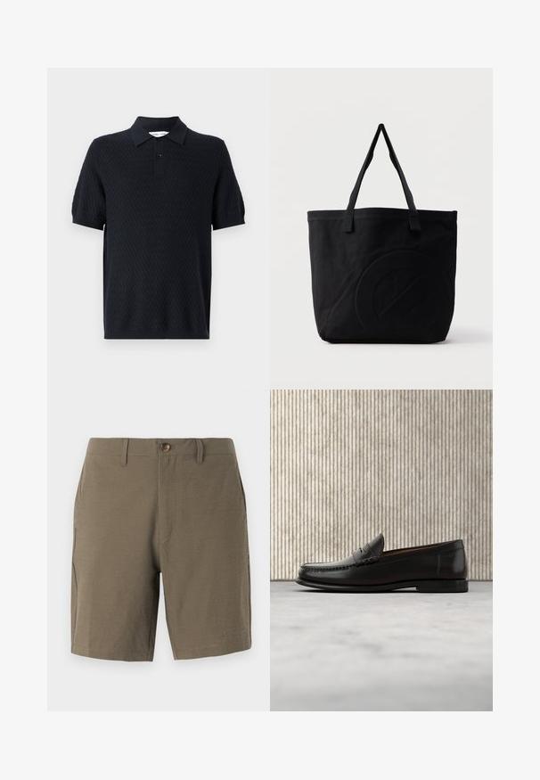 Polo negro con un patrón texturizado de zigzag, mangas cortas y un cuello con dos botones. Fabricado con un tejido transpirable.; Pantalones cortos en verde oliva hechos de un tejido texturizado, con cierre de botón y frente plano, y con bolsillos laterales para mayor funcionalidad.; Mocasín penny de cuero negro con tacón bajo, punta redondeada y detalles cosidos en la parte delantera y los laterales, mostrado sobre un fondo neutro.; Bolsa tote de lona negra con dos correas para el hombro y un diseño circular en relieve sutil en el frente.