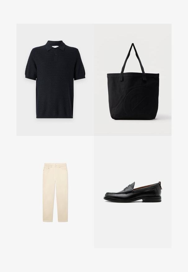Zwarte polo met een gestructureerd zigzagpatroon, korte mouwen en een kraag met twee knopen. Gemaakt van een ademende stof.; Witte beige denim jeans met een rechte pijp, voorzien van vijf zakken, een knoop- en ritsluiting, en subtiele stikseldetails.; Zwarte leren herensloffen met moc toe stiksel, pennyriem, gestructureerde kraag en lage gestapelde hak op witte achtergrond.; Zwarte canvas tas met twee schouderbanden en een subtiel, ingebosseleerd cirkelvormig ontwerp aan de voorkant.