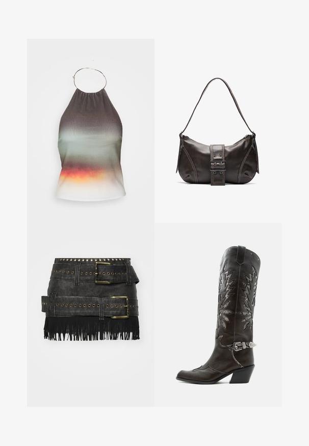 Halter-neck top v gradientnej látke, prechádzajúcej z tmavosivej do zelenej a končiacej v oranžovej. Obsahuje nahrabaný výstrih a detail kovového krúžku.; Čierna sukňa z umelého kože s veľkými kovovými prackami, detailmi s grometami a strapcami na leme. Štruktúrovaný dizajn s viacerými opaskami.; Čierna kožená kovbojská čižma s dekoratívnymi výrezmi, striebornou prackou a šikmým podpätkom, zobrazovaná na bielom pozadí.; Hnedá kožená taška cez plece s zakriveným tvarom, s výrazným detailom sponky, kontrastným prešívaním a jedným popruhom na plece.