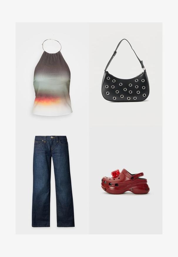Halter-neck top i gradient stof, der skifter fra mørkegrå til grøn, afsluttende i orange. Har en samlet halsudskæring og metalringdetalje.; Mørkeblå jeans med lige ben, falmede detaljer, knap- og lynlåslukning og fem-lomme design på en ensartet lys baggrund.; Rød plastikklip med ventilationshuller, hævet hæl og en blomsterdekoration ovenpå. Har en bagrem og teksturerede sider.; Sort læder skuldertaske med justerbar rem, dekoreret med sølvfarvede metalnitter og lukning med øverste lynlås.