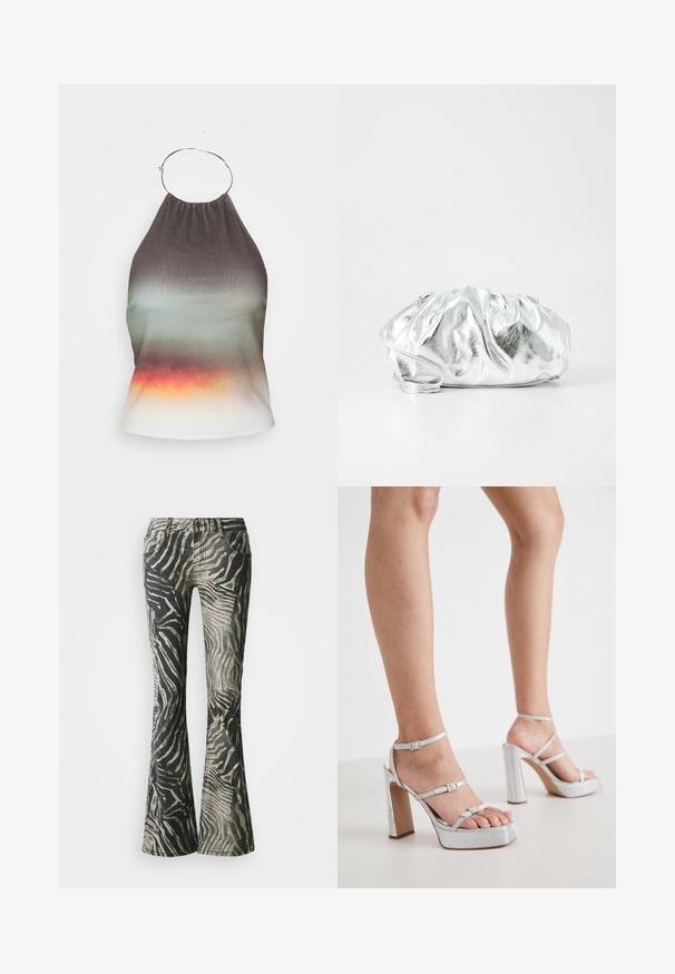 Halter-neck top v gradientnej látke, prechádzajúcej z tmavosivej do zelenej a končiacej v oranžovej. Obsahuje nahrabaný výstrih a detail kovového krúžku.; Rozšírené džínsy v čierno-bežovom zebrovom vzore, vyrobené z denimu, s dizajnom piatich vreciek a viditeľnými švami.; Strieborné platformové sandále na vysokom podpätku s členkovými remienkami, štruktúrovaný materiál, široký blokový podpätok a nastaviteľné pracky.; Metalická strieborná kabelka na rameno s mäkkým, zbieraným telom a tenkým ramenným popruhom. Má hladký, lesklý povrch a okrúhly tvar.