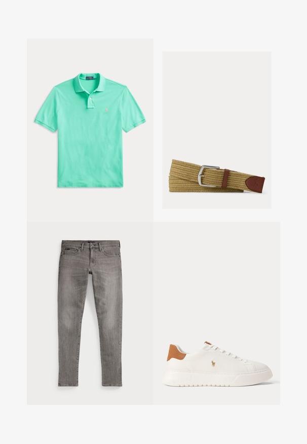Mintgrünes Polohemd mit kurzen Ärmeln, Kragen, Zwei-Knopf-Leiste und kleinem, pink besticktem Logo auf der Brust.; Graue Denim-Jeans, Slim-Fit, mit geraden Beinen. Verfügt über das klassische Fünf-Taschen-Design, Nähdetails und eine leicht verblichene Textur.; Weißer Sneaker mit niedrigem Schaft, beige Fersenlasche, weißen Schnürsenkeln und kleinem, besticktem Polospieler-Logo an der Seite über einer dicken Sohle.; Geflochtener hellbrauner Stoffgürtel mit silberner Metallschnalle und braunen Lederakzenten, einschließlich eines aufgenähten Logopatches am Ende.