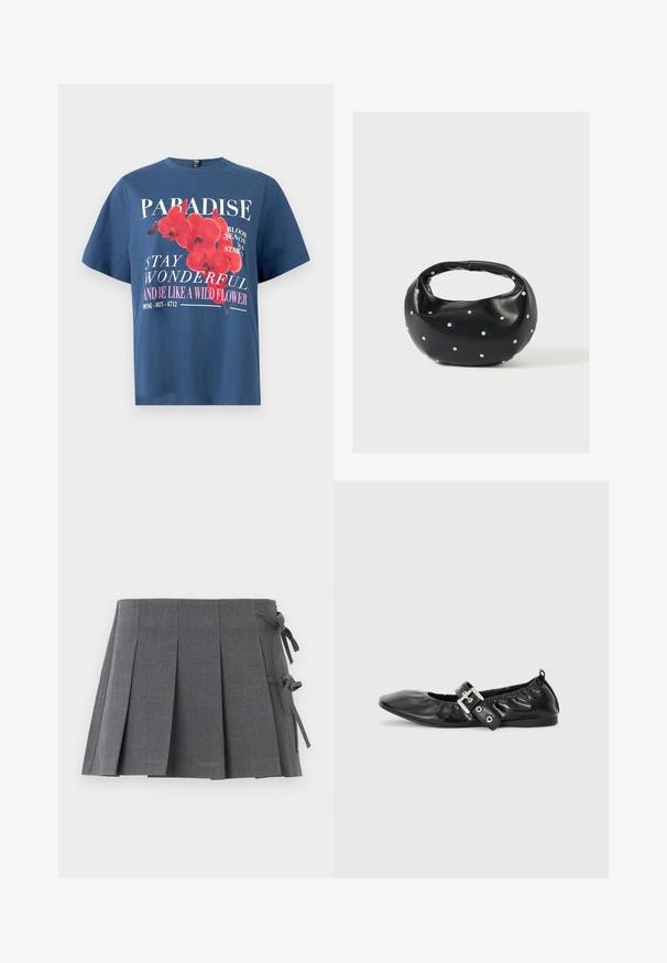 Blå bomulds-T-shirt med blomstergrafik med røde orkideer og hvid tekst. Rund halsudskæring og afslappet pasform.; Grå plisseret mininederdel i et struktureret stof med bindelukning på den ene side og en glat linning for øget komfort.; Sorte læder flade sko med spids tå, samling detaljer omkring åbningen, og en sølv spænde accent på den justerbare rem.; Sort læderhåndtaske med en rundet form, dekoreret med sølvnitter, og et kort håndtag. Glat tekstur og lynlåslukning.