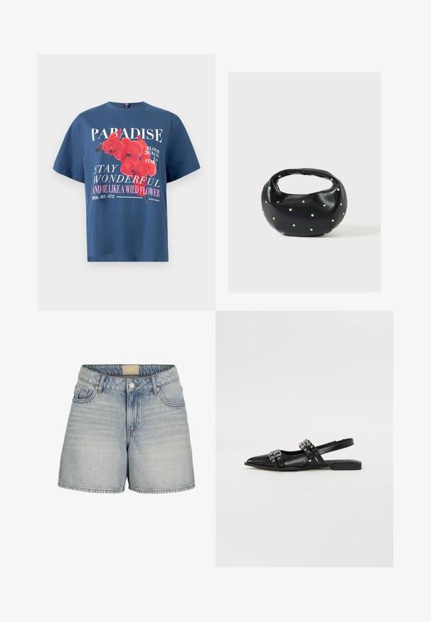Blaues Baumwoll-T-Shirt mit einem floralen Motiv aus roten Orchideen und weißem Text. Rundhalsausschnitt und lockere Passform.; Helle blaue Denim-Shorts mit hoher Taille, ausgestattet mit einem Knopfverschluss, fünf Taschen und subtilen Ausbleichungen für einen texturierten Look.; Even&Odd Sling-Ballerina - black; Schwarze Lederhandtasche mit abgerundeter Form, verziert mit silbernen Nietenakzenten und kurzem Griff. Glatte Struktur und Reißverschlussverschluss.