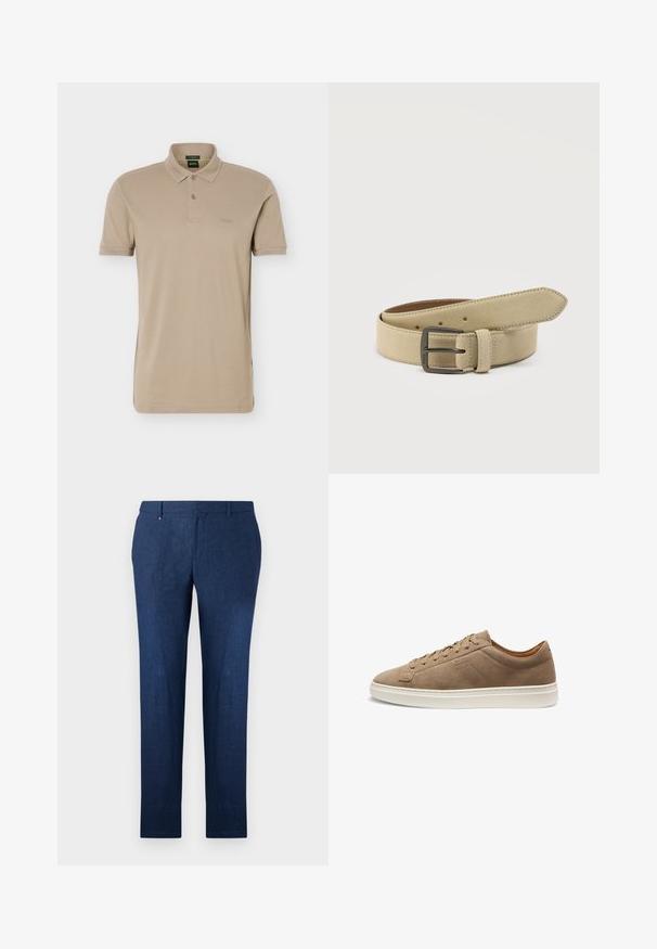 Beige polo-shirt med korte ærmer, to knapper og et lille præget logo på venstre bryst.; Mørkeblå bukser lavet af struktureret stof, med lige ben og et klassisk fladt frontdesign. Ingen synlige mønstre eller accenter.; Lav-sko beige ruskindssneaker med snørelukning foran og hvid gummisål, sidevisning, minimal syning og præget mærkelogo.; Beige ruskindbælte med en rektangulær mørk metalspænde, flere justeringshuller og en syet løkke på en hvid baggrund.