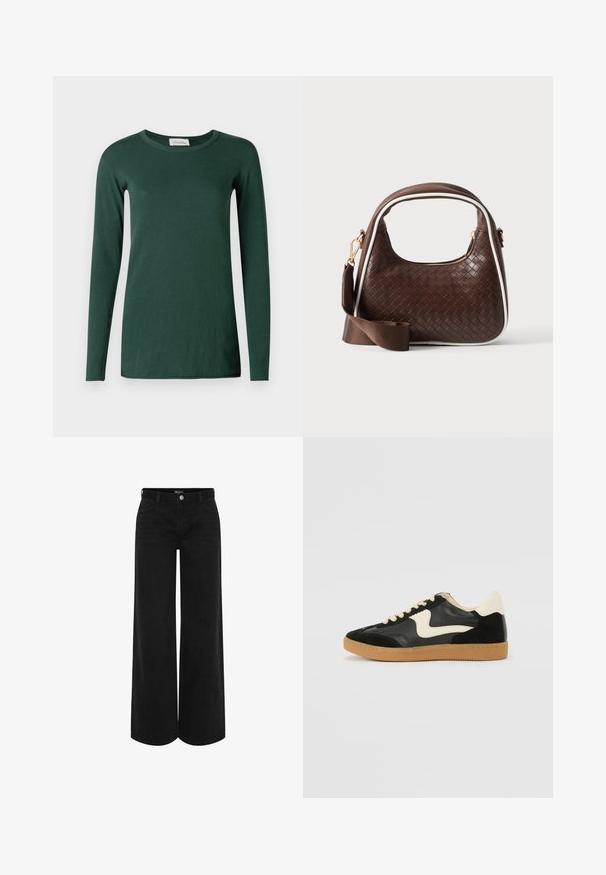 Grünes Langarm-T-Shirt aus weicher Baumwolle, mit rundem Ausschnitt und einem schlichten, figurbetonten Design ohne Muster oder Akzente.; Schwarze, weit geschnittene Denim-Hosen mit hoher Taille, ausgestattet mit einem vorderen Knopfverschluss, zwei seitlichen Taschen und einem klassischen Fünf-Taschen-Design.; Schwarze Wildleder- und Leder-Sneaker mit einem cremefarbenen Seiten-Swoosh und einer hellcremefarbenen Ferse. Ausgestattet mit beige Schnürsenkeln und einer Gummilaufsohle.; Braune gewebte Lederhandtasche mit weißer Paspel, goldenem Reißverschluss und abnehmbarem braunem Stoff-Schulterriemen.