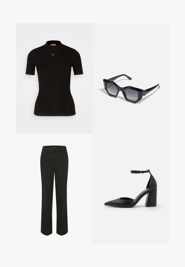 Top negro de manga corta hecho de tejido acanalado, con un cuello alto y un pequeño logo rojo de Diesel en el pecho. Textura suave y forma ajustada.; Pantalones anchos y negros con una textura suave. Cuentan con una cintura ajustada y líneas limpias y a medida para un diseño minimalista.; Zapato de tacón alto negro hecho de cuero suave, con punta afilada, lados recortados y una correa ajustable en el tobillo con tacón cuadrado.; Guess Gafas de sol - shiny black