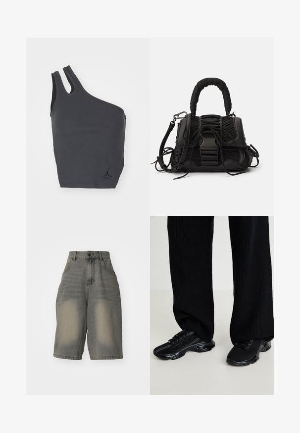 Débardeur noir à côtes avec un design asymétrique unique, présentant une large bretelle d'un côté et une étroite de l'autre, incluant un petit logo au bas.; Jaded London LIGHT WASH JUMBO JORTS - Short en jean - light wash; Baskets noires avec une tige en tricot texturé, forme élégante et semelle noire brillante, présentant des accents réfléchissants subtils et un système de laçage.; Sac à main noir avec un extérieur en maille, une poignée tissée et un laçage décoratif. Comprend une bandoulière amovible et des accents en matériel contrastants.