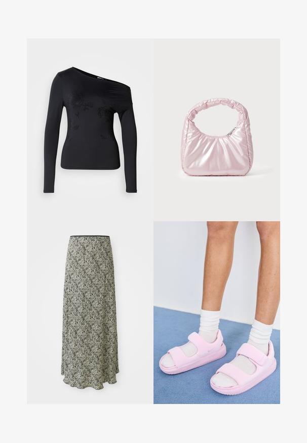 Top negro de manga larga con diseño de hombros descubiertos, que presenta patrones florales hechos de rhinestones en la parte frontal. Tela suave y elástica.; Falda midi negra y marfil con un patrón ondulado, textura suave y un dobladillo en forma de concha; hecha de tejido ligero.; Sandalias deportivas rosas con una correa ancha y diseño de punta abierta, fabricadas en material suave, con una suela texturizada para mayor agarre.; Bolso de mano acolchado en color rosa con un diseño redondeado, fabricado en material brillante. Presenta un asa fruncida y un cierre de cremallera para un acceso seguro.