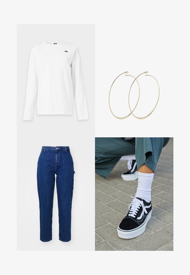 Hvid langærmet T-shirt med rund hals og lille sort The North Face-logo på venstre bryst.; Mørkeblå denim jeans med høj talje, lige ben, frontknaplukning og sidelommer. Glat tekstur med en let stræk.; Sorte ruskinds sneakers med hvide accenter og snørebånd, der har en tyk hvid sål og kontrasterende syninger, parret med en hvid sok.; Pilgrim Øreringe - gold-coloured