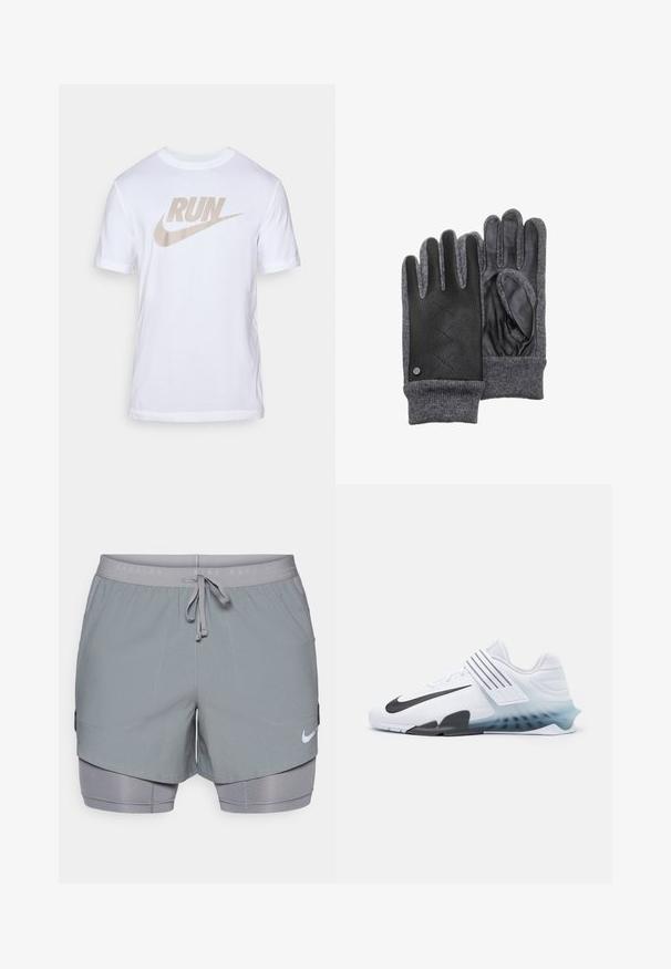 Weißes Baumwoll-T-Shirt mit großem beigem "RUN"-Text und Nike-Swoosh-Logo, kurzen Ärmeln und klassischem Rundhalsausschnitt.; Graue Laufshorts mit Kordelzug in der Taille, Innenfutter und Seitentaschen. Das Nike-Logo ist in Weiß am Saum aufgedruckt.; Weißer Sportschuh mit schwarzem Nike-Swoosh, Obermaterial aus Mesh, drei schwarzen Streifen und einer verlaufenden Sohle von Blau nach Transparent. Verfügt über verstärkte Akzente.; Leder- und graue Strickhandschuhe mit einer strukturierten schwarzen Lederhandfläche, gerippten Bündchen und einem Rautenmuster-Design auf der Oberseite.