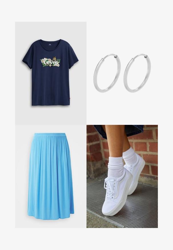 Navyblå t-shirt lavet af bomuld, med et blomsterdesign med hvide margueritter og en sommerfugl, samt ordet "Levi's" i hvid.; Lyseblå nederdel i knælængde lavet af et tekstureret stof, med en elastisk, rynket taljebånd og et flydende design uden lommer.; Hvide lærreds sneakers med gummisåler, der har seks snørehuller, rund tå og let sømdetaljer, krydret med hvide ankelstrømper.; Sølv hoops øreringe, cirkulær form, glat skinnende tekstur og ensartet bredde hele vejen igennem. Minimalistisk design uden yderligere accenter.