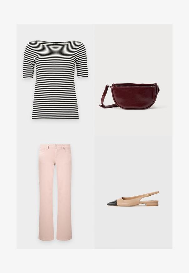T-shirt rayé horizontal noir et blanc à manches courtes avec un large col rond, étiquette GAP au col.; Jean rose clair à jambes droites avec poches avant, passants pour ceinture et fermeture à bouton métallique.; Chaussure slingback en cuir beige avec un bout pointu noir, un petit talon carré et une boucle décorative sur la sangle de la cheville. Texture lisse.; Sac à main en cuir marron foncé avec une forme en demi-lune, une fermeture éclair et une bandoulière amovible. Texture lisse avec un léger éclat.
