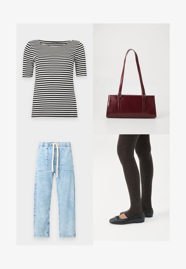 T-shirt rayé horizontal noir et blanc à manches courtes avec un large col rond, étiquette GAP au col.; GAP Petite EASY VAN NESS - Jean baggy - light indigo; Jambes portant des leggings côtelés foncés associés à des ballerines noires avec de petits détails en nœud sur fond blanc.; Sac à main bordeaux en matériau brillant, de forme rectangulaire, avec deux anses et des accents légèrement courbés à l'avant.