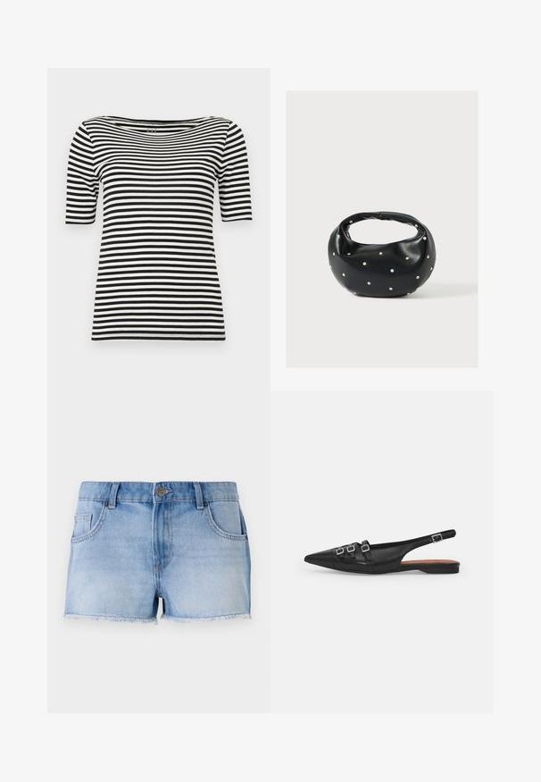 T-shirt rayé horizontal noir et blanc à manches courtes avec un large col rond, étiquette GAP au col.; Shorts en denim bleu clair avec un ourlet effiloché, cinq poches et une fermeture à bouton à l'avant. Présente un délavage passé et une coupe droite.; Chaussure plate noire en cuir avec un bout pointu, dotée de deux lanières horizontales et de boucles carrées en argent, avec un faible talon et une texture lisse.; Sac à main en cuir noir de forme arrondie, décoré de clous argentés et équipé d'une poignée courte. Texture lisse et fermeture éclair.