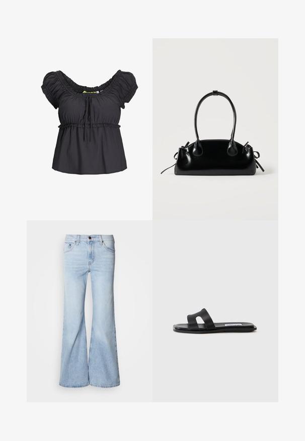 Blusa negra de manga corta con cuello fruncido y cinturilla elástica. Tejido suave con un corte holgado, que presenta un detalle de lazo en la parte delantera.; Jeans acampanados azul claro, con cintura alta, tejido vaquero, cinco bolsillos y cierre de botón. Las piernas son anchas y tienen un acabado ligeramente descolorido.; Sandalia plana negra con dos correas anchas, un detalle de corte en una de las correas y un acabado mate suave. Suela delgada y flexible.; Pequeño bolso negro brillante con dos asas largas y detalles de cordón lateral sobre un fondo claro liso.