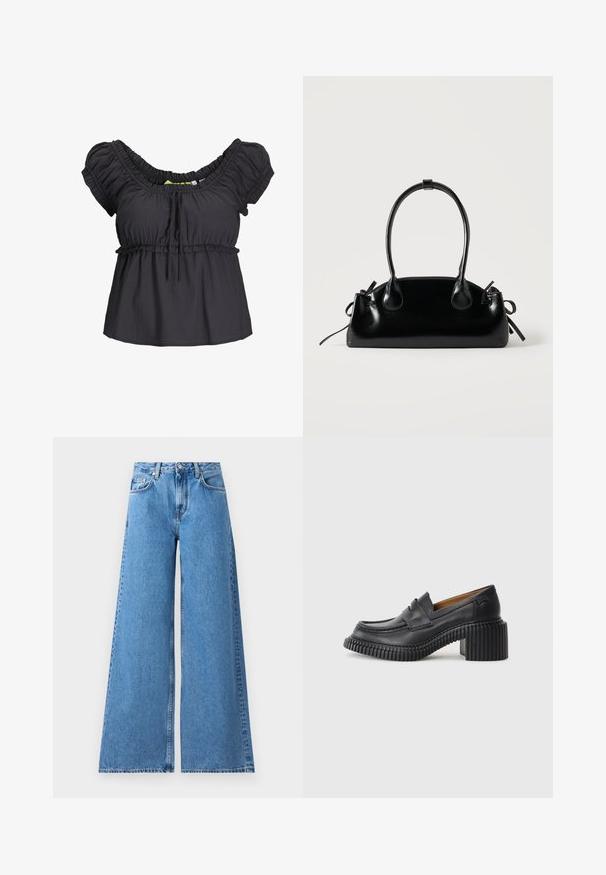 Zwarte blouse met korte mouwen, een verzamelde halslijn en een elastische tailleband. Zachte stof met een ontspannen pasvorm, met een strikdetail aan de voorkant.; Brede blauwe denim jeans met een hoge taille, voorzien van een klassieke vijf-pocket ontwerping en steken langs de zijkanten voor extra detail.; Zwarte leren instappers met een dikke, geribbelde rubberen hak. Voorzien van een ronde neus en een horizontale band over de wreef. Textuurondergrond.; Kleine zwarte glanzende handtas met twee lange hengsels en zijkant trekkoord details op een effen lichte achtergrond.