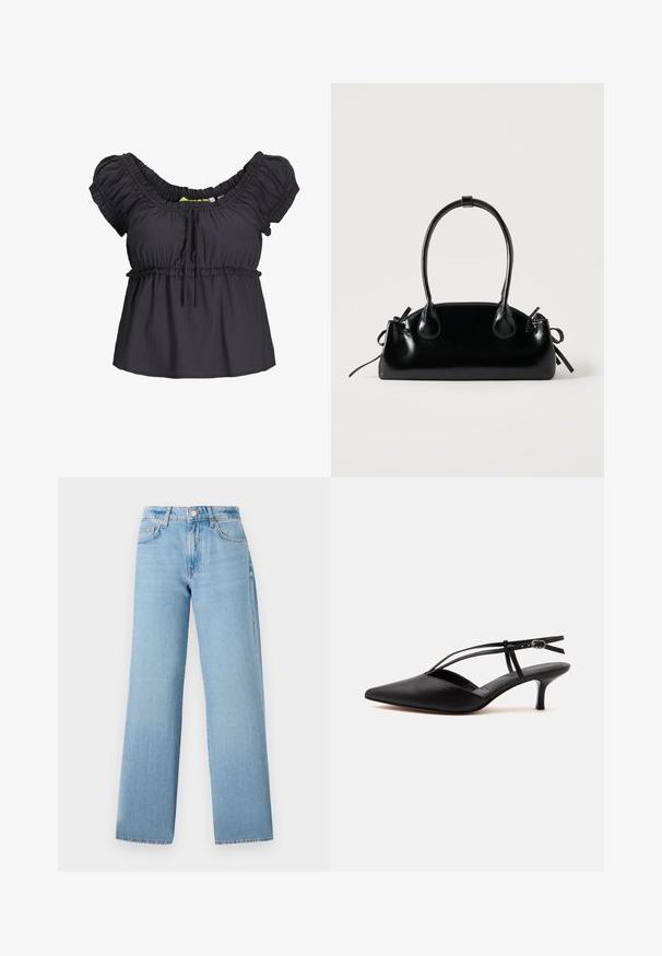 Zwarte blouse met korte mouwen, een verzamelde halslijn en een elastische tailleband. Zachte stof met een ontspannen pasvorm, met een strikdetail aan de voorkant.; Lichtblauwe wijde jeans gemaakt van denim, met een hoge taille, vijfzakken ontwerp en een knoopsluiting met een ritssluiting.; Zwarte leren pumps met spits toelopende neus, kittenheel met dunne enkelriem en gesp, slingback ontwerp, op een effen lichte achtergrond.; Kleine zwarte glanzende handtas met twee lange hengsels en zijkant trekkoord details op een effen lichte achtergrond.