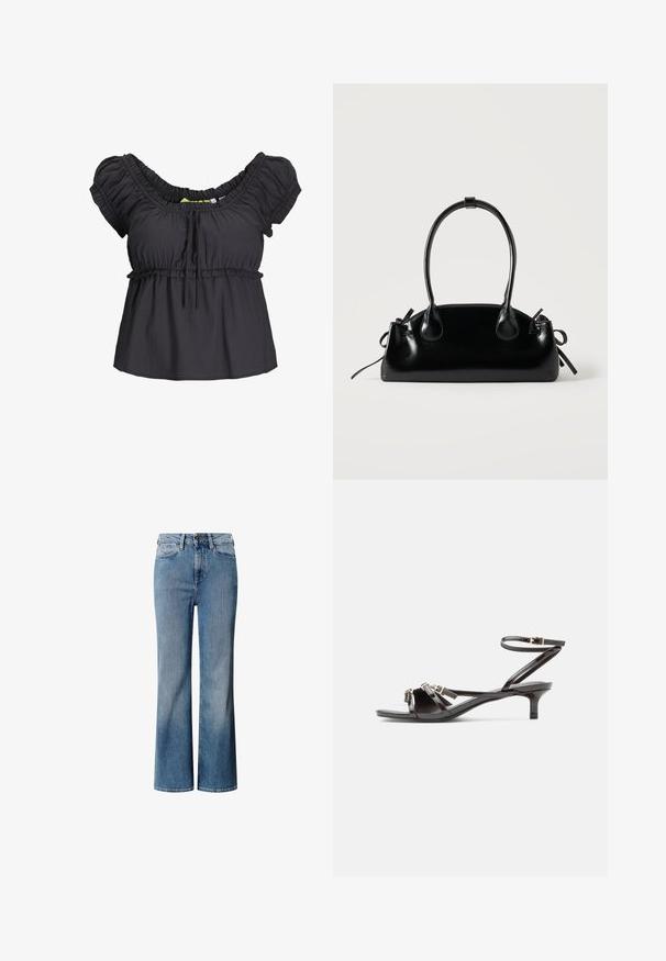 Zwarte blouse met korte mouwen, een verzamelde halslijn en een elastische tailleband. Zachte stof met een ontspannen pasvorm, met een strikdetail aan de voorkant.; Blauwe denim jeans met een hoge taille, wijd uitlopend ontwerp en een vervaagde wassing. Heeft een klassieke vijf-pocket stijl en een sluiting met een knoop aan de voorkant.; Zwarte lakleren sandaal met dunne bandjes, een klein kittenhakje en verstelbare enkelgesp.; Kleine zwarte glanzende handtas met twee lange hengsels en zijkant trekkoord details op een effen lichte achtergrond.