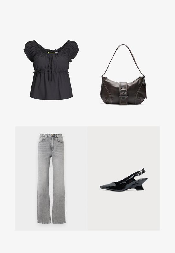 Zwarte blouse met korte mouwen, een verzamelde halslijn en een elastische tailleband. Zachte stof met een ontspannen pasvorm, met een strikdetail aan de voorkant.; Rechtersleg faded grijze denim jeans met een knoop- en ritssluiting, voorzakken en riemlussen op een witte achtergrond.; Zwarte lakleren slingback schoen met spitse neus en lage schuine blokhak op een effen lichte achtergrond.; Bruine leren schoudertas met een gebogen vorm, voorzien van een opvallende gespdetail, contrasterende stiksels en een enkele schouderband.