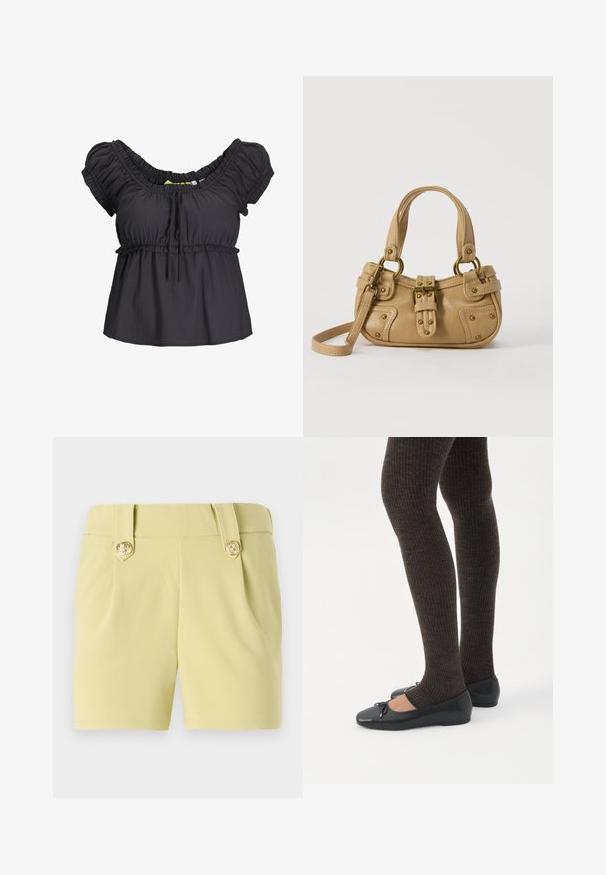 Blouse noire à manches courtes avec un col froncé et une taille élastique. Tissu doux avec une coupe décontractée, présentant un détail de nœud à l'avant.; Shorts jaune clair en tissu lisse, avec deux plis à l'avant et des boutons décoratifs dorés sur la taille. Design ajusté.; Jambes portant des leggings côtelés foncés associés à des ballerines noires avec de petits détails en nœud sur fond blanc.; Sac à main en cuir beige avec double poignées, boucle en laiton et détails rivetés, ainsi qu'une bandoulière réglable sur fond blanc.