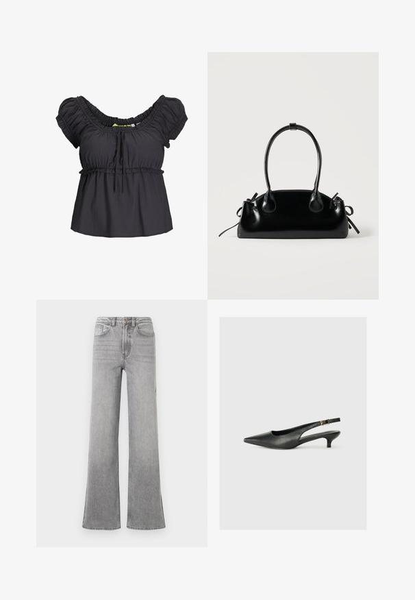 Schwarze Bluse mit kurzen Ärmeln und gerafftem Ausschnitt sowie elastischem Taillengummi. Weicher Stoff mit einem lässigen Schnitt und einem Bindeband-Detail an der Vorderseite.; Graue Denim-bootcut-Jeans mit hoher Taille, Fronttaschen, Gürtelschlaufen und einem subtilen, verblassten Design, präsentiert vor einem weißen Hintergrund.; Schwarzer Slingback-Schuh mit spitzem Zehenbereich aus glattem Leder. Mit einem dünnen Absatz und einer dekorativen Schnalle am verstellbaren Riemen.; Kleine schwarze glänzende Handtasche mit zwei langen Griffen und seitlichen Kordelzug-Details vor einfachem hellem Hintergrund.
