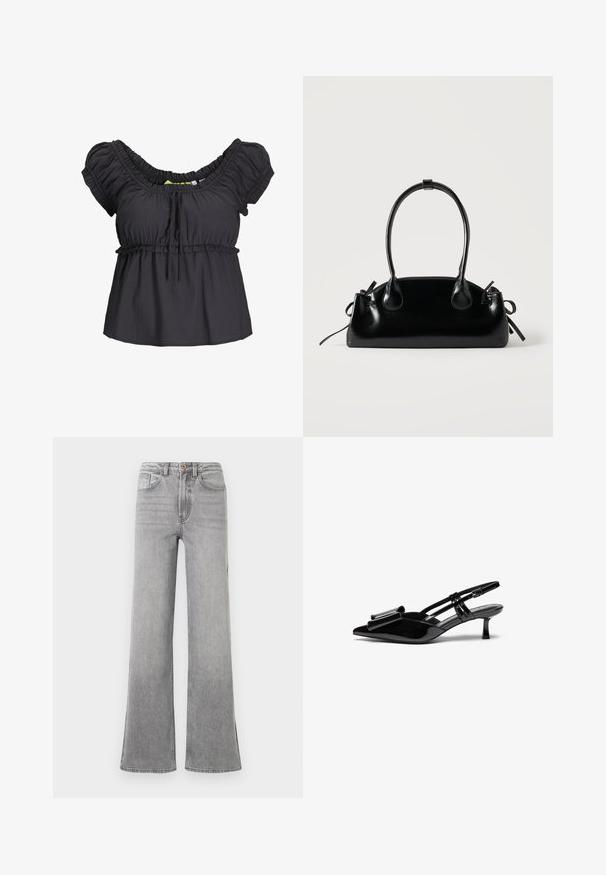 Blusa negra de manga corta con cuello fruncido y cinturilla elástica. Tejido suave con un corte holgado, que presenta un detalle de lazo en la parte delantera.; Jeans de mezclilla gris de campana con una cintura alta, bolsillos delanteros, trabillas para el cinturón y un sutil diseño descolorido, presentados sobre un fondo blanco.; Zapatos de tacón slingback de charol negro con punta afilada, detalle de lazo en el frente y un pequeño tacón de aguja. Las correas tienen hebillas ajustables.; Pequeño bolso negro brillante con dos asas largas y detalles de cordón lateral sobre un fondo claro liso.