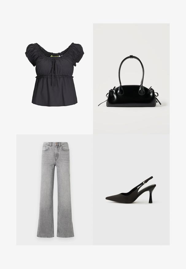 Zwarte blouse met korte mouwen, een verzamelde halslijn en een elastische tailleband. Zachte stof met een ontspannen pasvorm, met een strikdetail aan de voorkant.; Grijze denim flared jeans met een hoge taille, voorkruiszakken, riemlussen en een subtiele vervaagde afwerking, gepresenteerd op een witte achtergrond.; Zwarte slingback hakken met een spitse neus, een gladde matte afwerking en een slanke, glanzende hak. Verstelbare band met een klein gespdetail.; Kleine zwarte glanzende handtas met twee lange hengsels en zijkant trekkoord details op een effen lichte achtergrond.