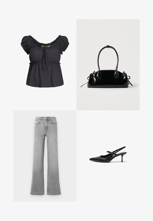 Zwarte blouse met korte mouwen, een verzamelde halslijn en een elastische tailleband. Zachte stof met een ontspannen pasvorm, met een strikdetail aan de voorkant.; Grijze denim flared jeans met een hoge taille, voorkruiszakken, riemlussen en een subtiele vervaagde afwerking, gepresenteerd op een witte achtergrond.; Zwarte leren slingback hakken met een puntige neus, slanke verstelbare band en een ongeveer 5 cm hoge stiletto hak, met een gladde textuur.; Kleine zwarte glanzende handtas met twee lange hengsels en zijkant trekkoord details op een effen lichte achtergrond.