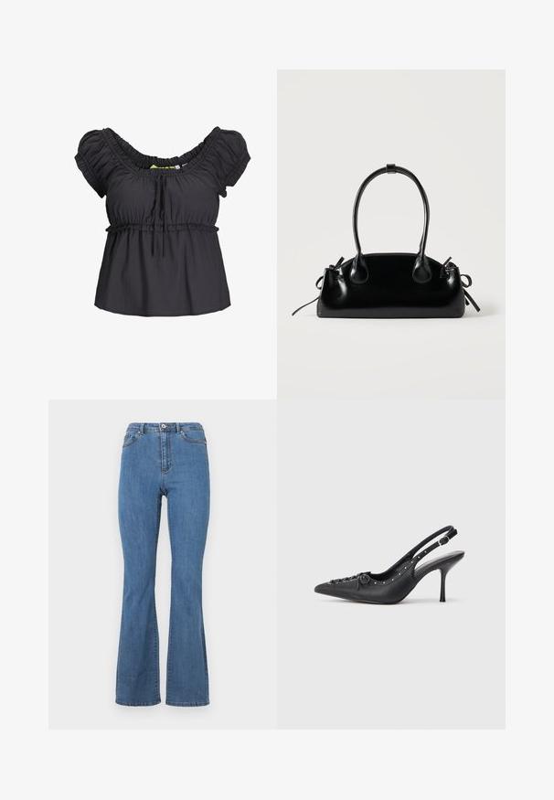 Blusa negra de manga corta con cuello fruncido y cinturilla elástica. Tejido suave con un corte holgado, que presenta un detalle de lazo en la parte delantera.; Vaqueros de campana azules hechos de denim, con una cintura alta, costuras en contraste y un cierre de botón único en la parte frontal.; Sandal de tacón stiletto negro de cuero con punta afilada, correa lateral con hebilla, tachuelas a lo largo del borde y cordones decorativos en la parte delantera.; Pequeño bolso negro brillante con dos asas largas y detalles de cordón lateral sobre un fondo claro liso.