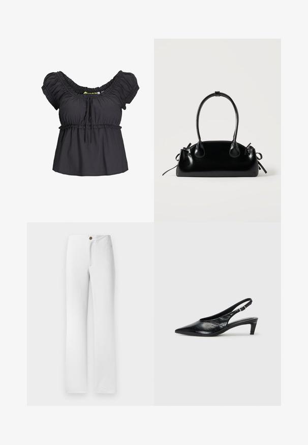 Blusa negra de manga corta con cuello fruncido y cinturilla elástica. Tejido suave con un corte holgado, que presenta un detalle de lazo en la parte delantera.; Pantalones blancos de pierna recta con cierre de botón dorado, con frente plano y textura de tela suave. Sin patrones ni adornos visibles.; Tacón de piel negra tipo slingback con punta afilada, tacón bajo tipo kitten y correa ajustable con hebilla. Textura suave con un detalle mínimo.; Pequeño bolso negro brillante con dos asas largas y detalles de cordón lateral sobre un fondo claro liso.