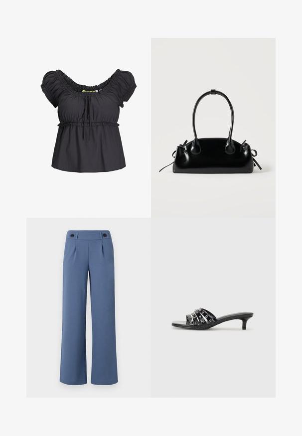 Blouse noire à manches courtes avec un col froncé et une taille élastique. Tissu doux avec une coupe décontractée, présentant un détail de nœud à l'avant.; Pantalons larges bleus en tissu lisse, avec une taille plate, deux plis et deux boutons noirs à la taille.; Sandales à talons noires avec plusieurs brides brillantes et des accents métalliques, présentant un bout pointu et des talons kitten discrets. Texture lisse.; Petit sac à main noir brillant avec deux longues anses et des détails à cordon sur les côtés sur un fond clair uni.
