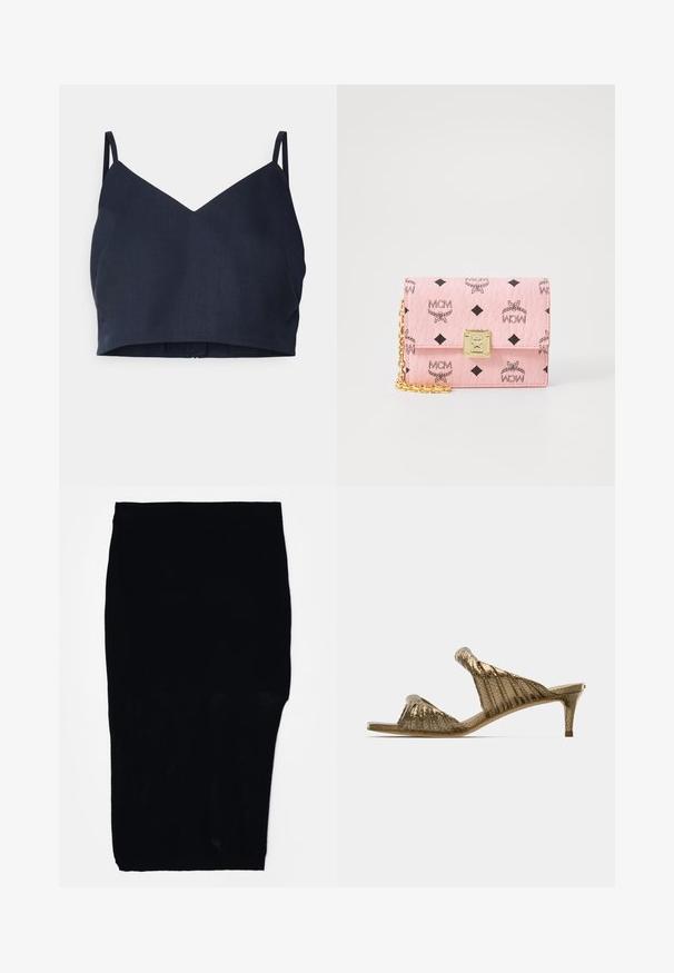 Marineblauw cropped cami-top met een V-hals en dunne schouderbandjes. Gemaakt van een gladde stof met een lichte glans en een nette zoom.; Zwarte, knielange rok van gaasstof met een getailleerde pasvorm en elastische tailleband, met een gestructureerd oppervlak.; Gouden slip-sandalen met een geprofileerd ontwerp, open teen en een lage hak. Glad oppervlak met een lichte glans.; Roze leren portemonnee met kettingriem, met een ruitpatroon en MCM-logo's. Gouden hardware-accenten versterken het ontwerp.