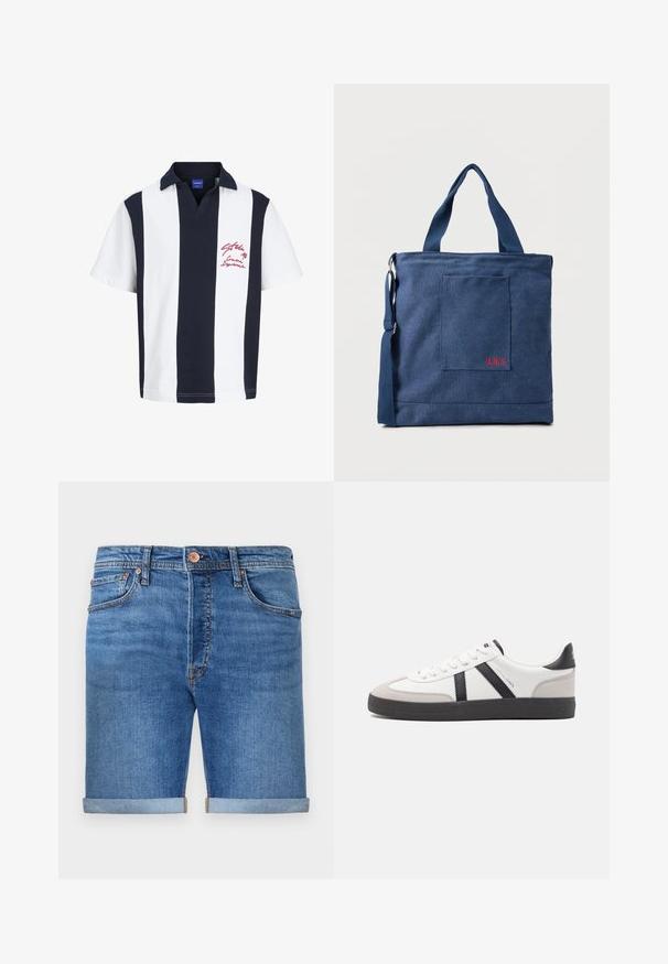 Poloshirt mit kurzen Ärmeln, breiten vertikalen Streifen in Marineblau und Weiß, marineblauem Kragen und roter Textstickerei auf der linken Brust.; Denim-Shorts in einem mittleren Blauton mit umgeschlagenen Säumen, Fünf-Taschen-Design, Messingknopfverschluss und kontrastierenden Nähten.; Weiße Sneaker mit schwarz- und grau-aczenten, ausgestattet mit einer strukturierten grauen Zehenkappe, schwarzer Gummi-Sohle und flachen weißen Schnürsenkeln. Sauberes Design, minimalistische Stil.; Blauer Canvas-Einkaufstasche mit Vordertasche und roter "O.N.S" Stickerei, ausgestattet mit zwei Griffen und einem verstellbaren Schulterriemen.