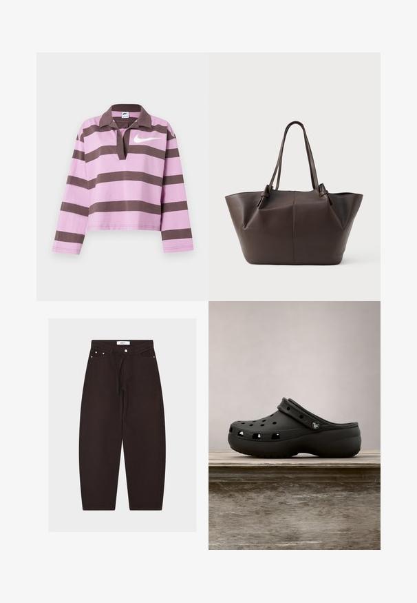 Camisa de rugby de manga larga con rayas horizontales en lavanda y marrón oscuro, cuello abierto y logo blanco de Nike en el pecho.; Pantalones negros de pierna ancha con botón frontal, trabillas para cinturón, cintura con cordón y bolsillos delanteros, mostrados sobre un fondo liso.; Zueco de goma negro con agujeros de ventilación, tacón elevado, correa trasera y suela texturizada. Acabado liso con un diseño minimalista.; Gran bolso tote de cuero marrón oscuro con doble asa para el hombro y una costura sutil en el centro sobre un fondo claro y liso.