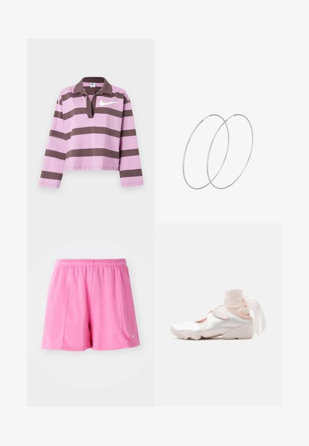 Langærmet rugbytrøje med lavendel- og mørkebrun vandrette striber, åben krave og hvidt Nike-logo på brystet.; Lyserøde atletiske shorts fremstillet af blødt stof, med et elastisk midjebånd og en logoaccent på siden. Lige ben design med en glat tekstur.; Hvid og lyserød sneaker med blødt stofankelomslag bundet i en sløjfe, med justerbar rem og rundet sål.; Sølvøreringe med et minimalistisk design. Cirkulær form, glat tekstur og tynd profil. Letvægtige med en poleret overflade.