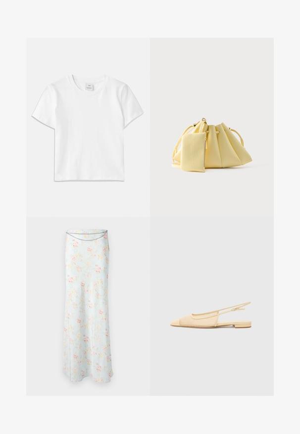 Hvid bomulds-t-shirt med rund hals, korte ærmer og lige kant. Mærke med teksten "Won Hundred" placeret i midten af halsudskæringen.; Rabanne Maxinederdele - pink/blue/green/yellow; Slingback fladsko i lys beige med en mesh-overdel, spids tå og en lav hæl. Har en justerbar strop for bedre pasform.; Blød gul håndtaske med snørelukning og en tilhørende lille lynlås-pung, sat mod en ensfarvet hvid baggrund.