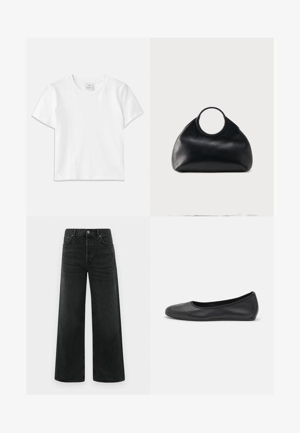 T-shirt en coton blanc avec un col rond, des manches courtes et un ourlet droit. Étiquette marquée "Won Hundred" au centre de l'encolure.; Jean en denim noir à jambes larges, taille haute, poches avant et fermeture classique par bouton. Le tissu présente une finition lisse avec une légère texture.; Ballerines en cuir noir avec un bout rond, texture lisse, détails de couture minimalistes et design de semelle flexible.; Sac à main en cuir noir de forme arrondie avec une anse supérieure circulaire enveloppée de couture en cuir assorti.