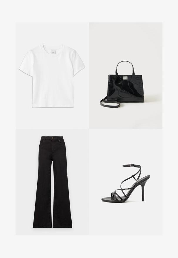 T-shirt en coton blanc avec un col rond, des manches courtes et un ourlet droit. Étiquette marquée "Won Hundred" au centre de l'encolure.; Jean flare noir en denim avec taille haute, présentant des poches avant et des garnitures métalliques sur le bouton et les rivets.; Sandale noire à talons hauts avec des brides fines, une boucle à la cheville, une surface en cuir lisse et un talon aiguille élancé.; Sac à main en cuir verni noir avec poignées arrondies, bandoulière détachable et fermeture à boucle argentée sur fond blanc uni.