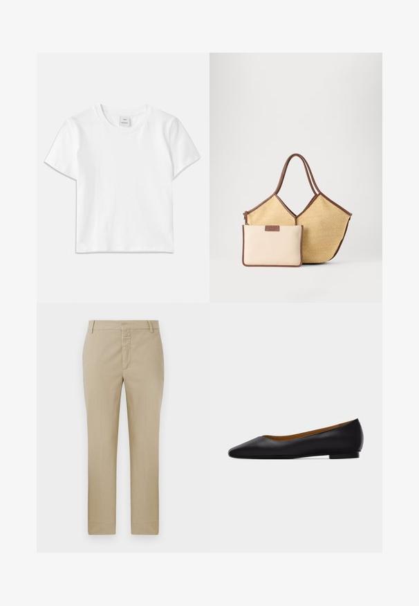 Camiseta de algodón blanca con cuello redondo, mangas cortas y dobladillo recto. Etiqueta con la marca "Won Hundred" en el centro del escote.; Pantalones beige de corte recto, confeccionados en una tela lisa. Cuentan con una cremallera en la bragueta y passantes para cinturón; con costuras mínimas y sin patrones visibles.; Zapato plano de punta puntiaguda de cuero negro con tacón bajo y acabado liso, mostrado de perfil sobre un fondo gris claro.; Bolsa tote tejida en beige con ribete y asas marrones, acompañada de una bolsa más pequeña beige con bordes marrones y cremallera.
