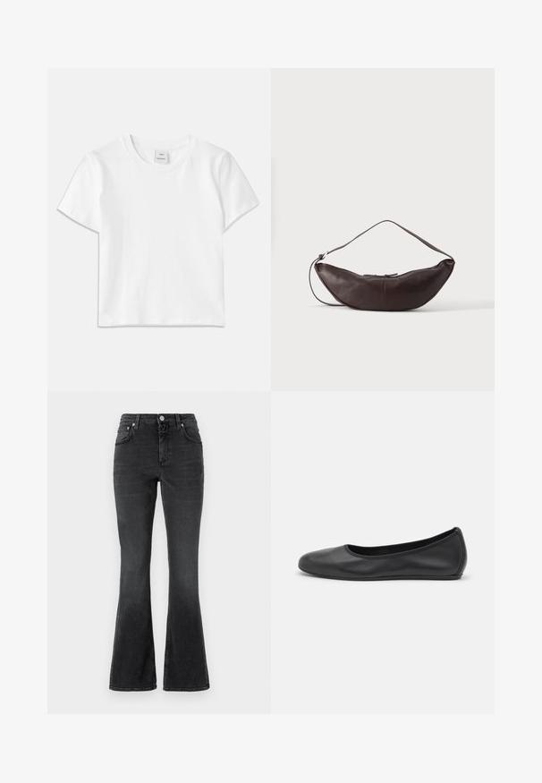 Witte katoenen t-shirt met een ronde hals, korte mouwen en een rechte zoom. Label met "Won Hundred" aan de voorkant van de halslijn.; CLOSED JOVANNA - Slim fit jeans - dark grey; Zwarte leren ballerina met een ronde neus, gladde textuur, minimale stikdetails en een flexibele zoolontwerp.; Donkerbruine leren schoudertas in halve maan vorm met een gebogen band en zichtbare stiksels op een effen achtergrond.