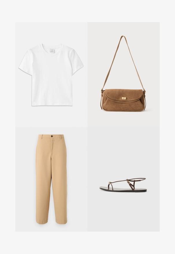 Camiseta de algodón blanca con cuello redondo, mangas cortas y dobladillo recto. Etiqueta con la marca "Won Hundred" en el centro del escote.; CLOSED WRENNA - Pantalones - urban beige; Sandalia de cuero marrón con tiras finas, un acento circular dorado y suela plana. Diseño minimalista con un detalle de hebilla ajustable.; Bolso de hombro de ante marrón con una correa larga y un cierre giratorio rectangular dorado en la solapa delantera sobre un fondo liso.