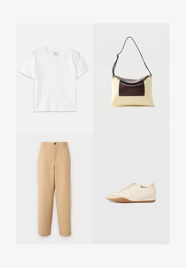 Hvid bomulds-t-shirt med rund hals, korte ærmer og lige kant. Mærke med teksten "Won Hundred" placeret i midten af halsudskæringen.; CLOSED WRENNA - Bukser - urban beige; Lyse beige sneakers med en tekstureret læderoverdel, teksturerede sider og en gummisål. Har et slankt, strømlinet design og flade snørebånd.; Skuldertaske i cremefarvet og mørkebrun læder med buet klap og justerbar sort rem mod hvid baggrund.