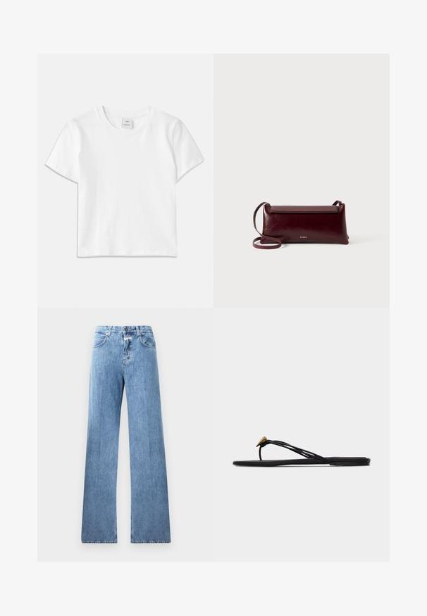 Witte katoenen t-shirt met een ronde hals, korte mouwen en een rechte zoom. Label met "Won Hundred" aan de voorkant van de halslijn.; Lichtblauwe denim jeans met een wijde pasvorm, vijf zakken, lussen voor een riem en een knoopsluiting. De stof heeft een gladde textuur.; Zwarte platte teensandaal met meerdere dunne bandjes en een kleine gouden druppelvormige decoratie op het voorste bandje.; Bordeaux lederen schoudertas met een gladde textuur, rechthoekige vorm, klep sluiting en een dunne verstelbare schouderband. Gouden logo detail zichtbaar.
