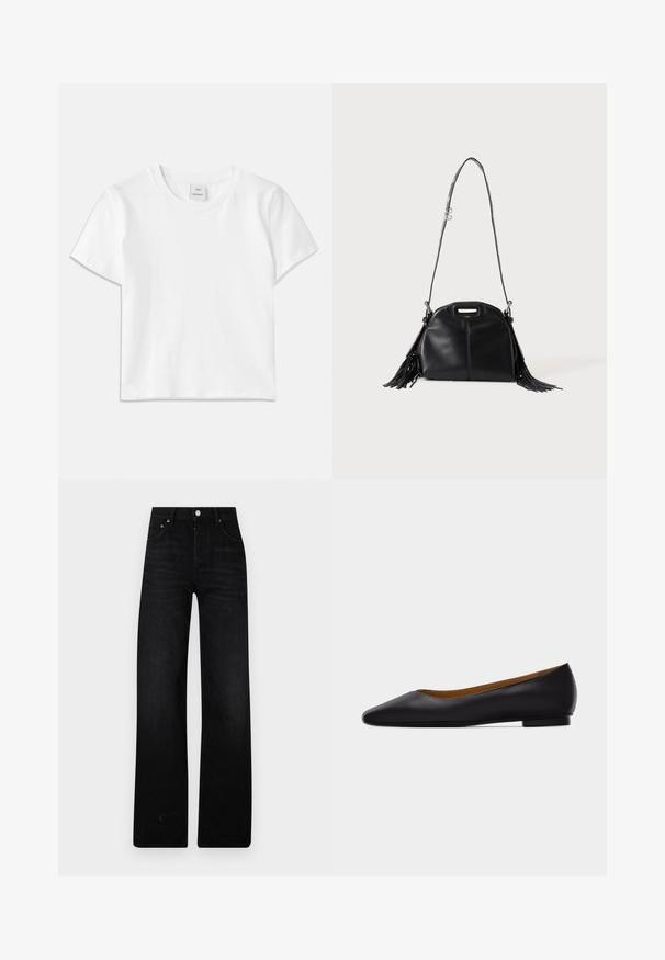 T-shirt en coton blanc avec un col rond, des manches courtes et un ourlet droit. Étiquette marquée "Won Hundred" au centre de l'encolure.; Jeans noirs à jambe large en denim. Présentent une taille haute, deux poches avant et une fermeture par bouton métallique. Fini texturé avec un léger délavage.; Chaussure plate en cuir noir à bout pointu avec talon bas et finition lisse, vue de côté sur un fond gris clair.; Sac à main en cuir noir avec longue bandoulière, petite poignée supérieure et franges sur les deux côtés, présenté sur un fond uni.